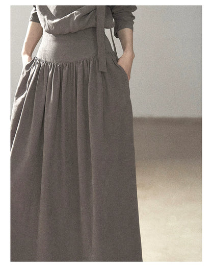AOMALM - Gray-Purple Pleated Maxi Dress with High-Waisted Cinch Belt