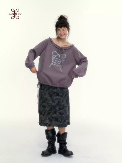 Deep Purple Bow-Tie Lettuce-Trim Off-Shoulder Sweatshirt