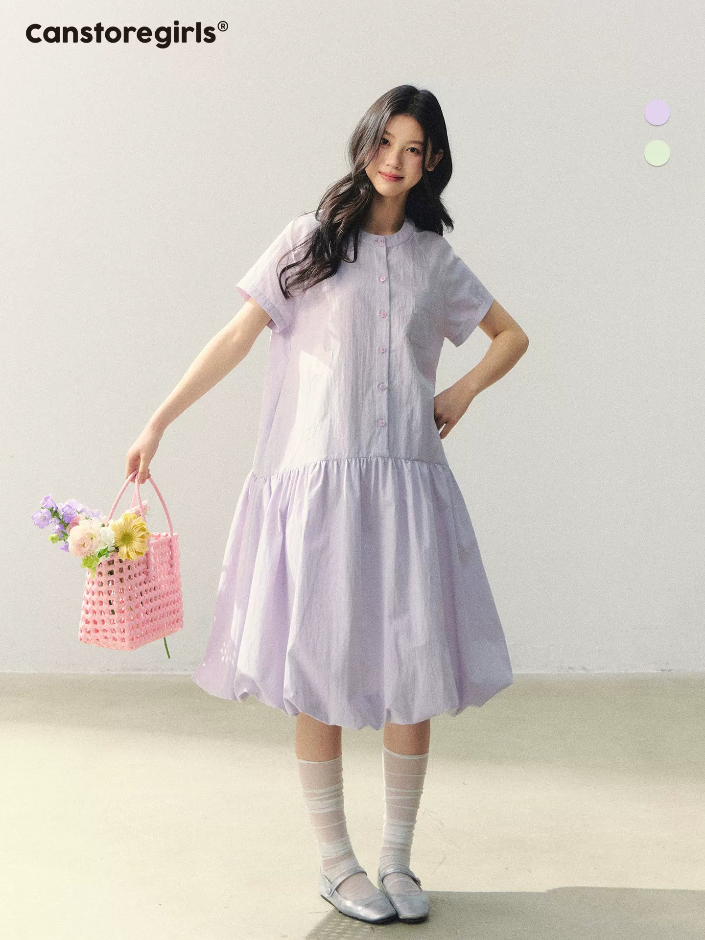 "Tulip Spring Letter" Bubble Hem Shirt Dress SJ2026030