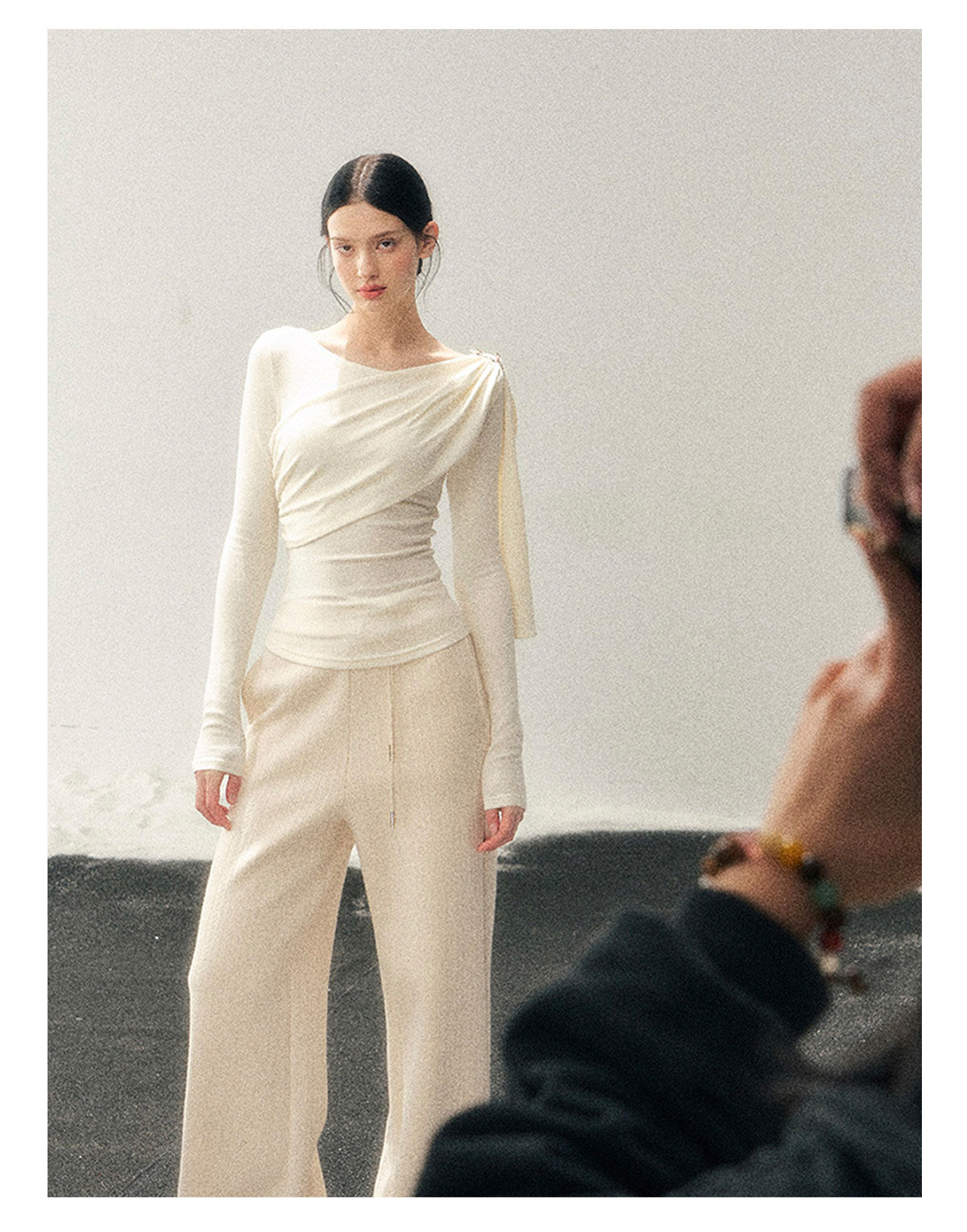 181225 “She Is Lighter Than the Wind” Streamer-Neck Top - Milky Apricot White