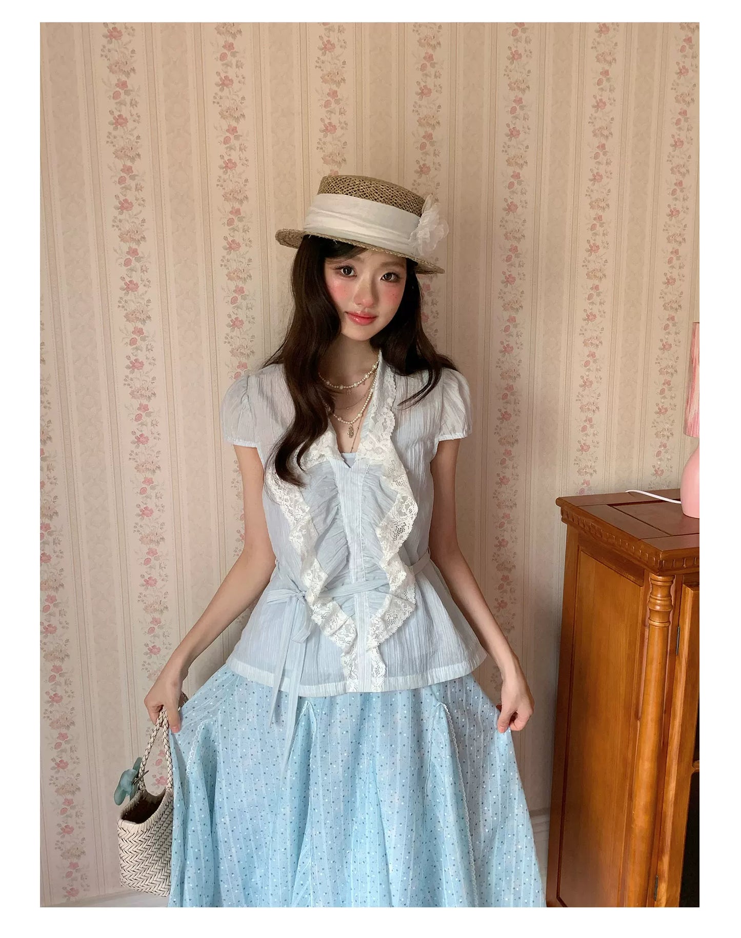 “Blue Breeze Sonata” Blue Ruffle Lace Blouse