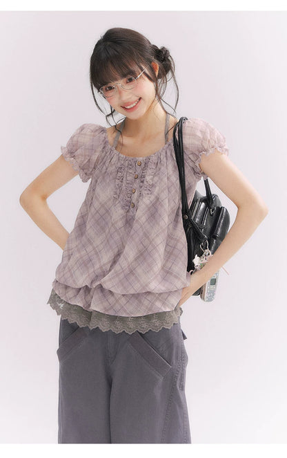 “Misty Plum Plaid” Gray-Purple Plaid Lace Trim Halter Top