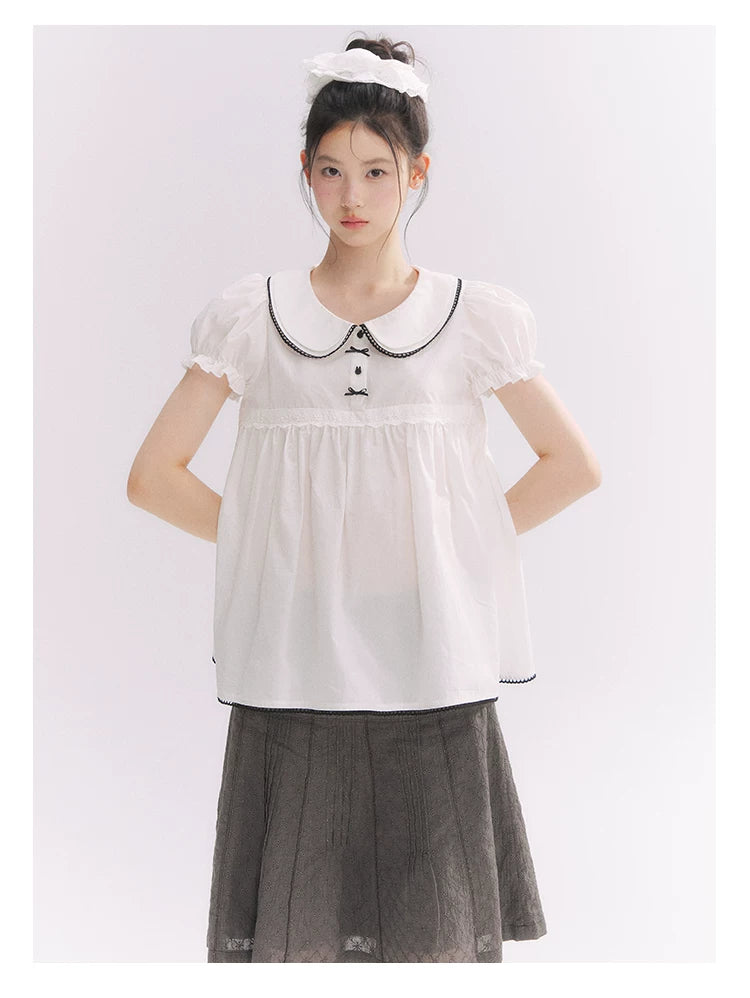 “Misty Texture” Gray Plaid Trim Embroidered A-Line Skirt