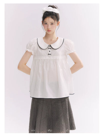 “Misty Texture” Gray Plaid Trim Embroidered A-Line Skirt