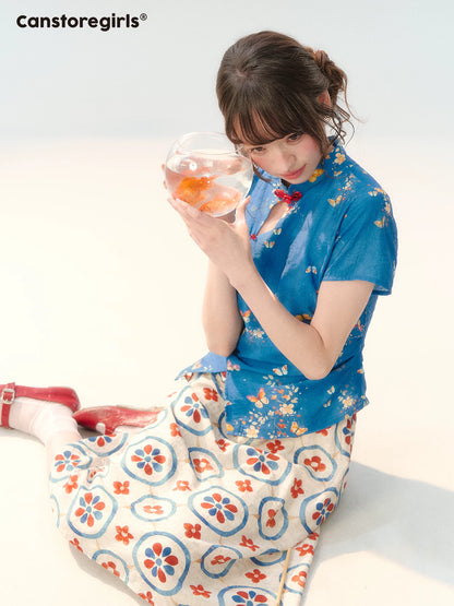 "Garden Letter" Blue Floral New Chinese Two-Piece Skirt Set