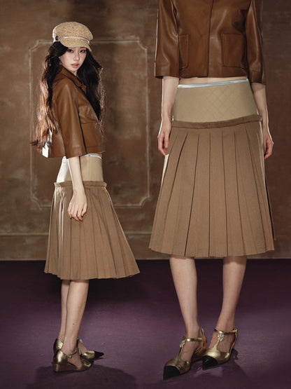 "Scholarly Muse" Khaki Faux Leather Jacket & Mixed-Media Pleated A-Line Skirt Set