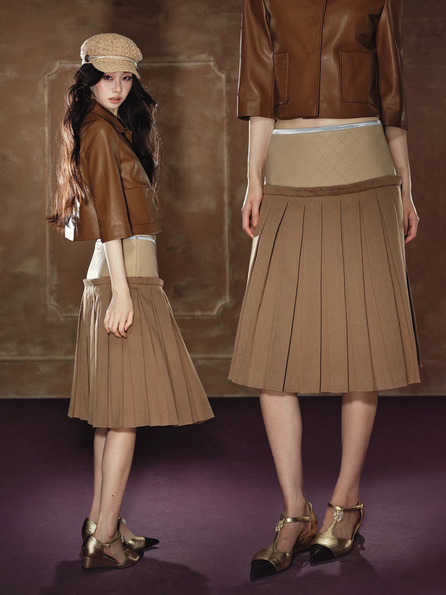 "Scholarly Muse" Khaki Faux Leather Jacket & Mixed-Media Pleated A-Line Skirt Set