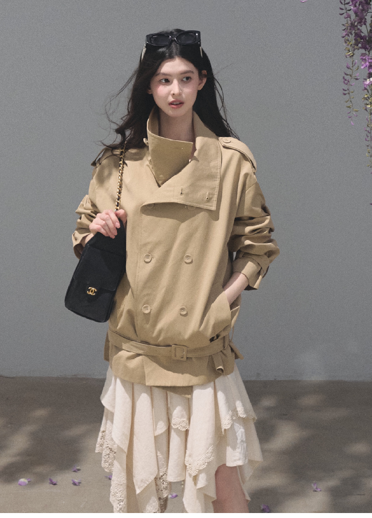 OAKMOO/ Belted Double-Breasted Trench Jacket (Deep Black / Hazel Khaki)