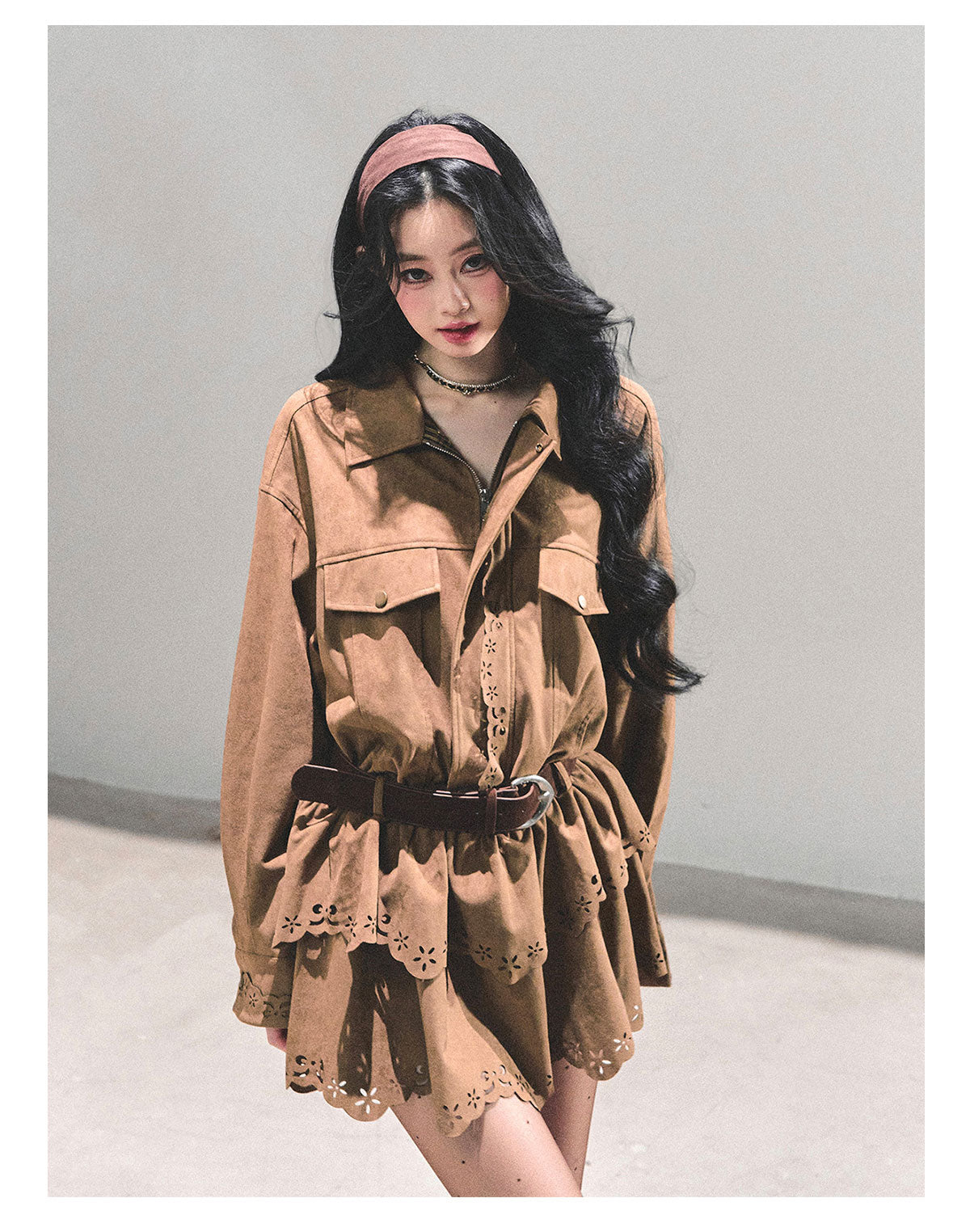 少也眼 "Rain on Wutong" – Brown Layered Dress (with Matching Belt)