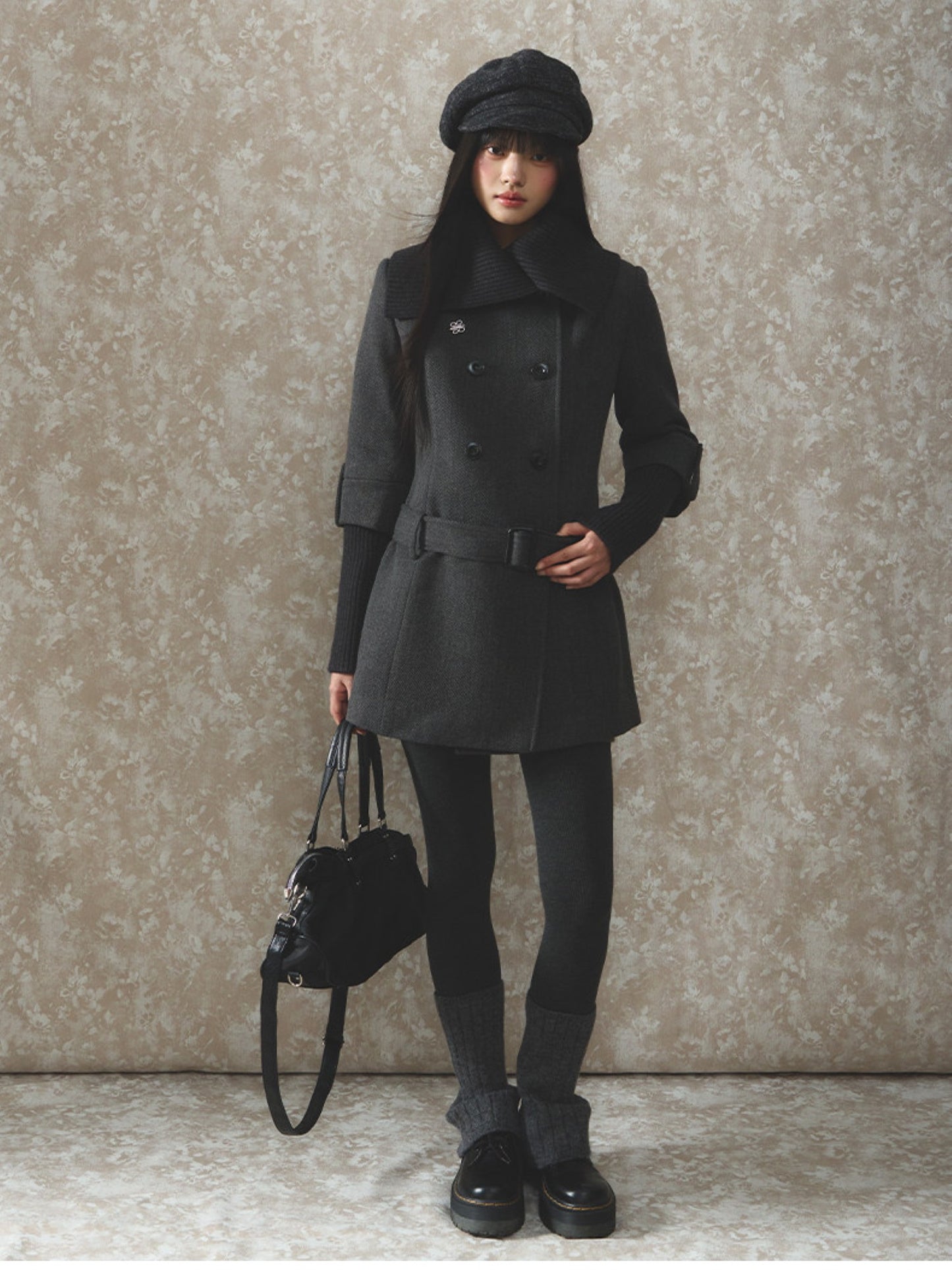 Soote Season - British Deep Gray Knit-Collar Wool-Blend Long Dress