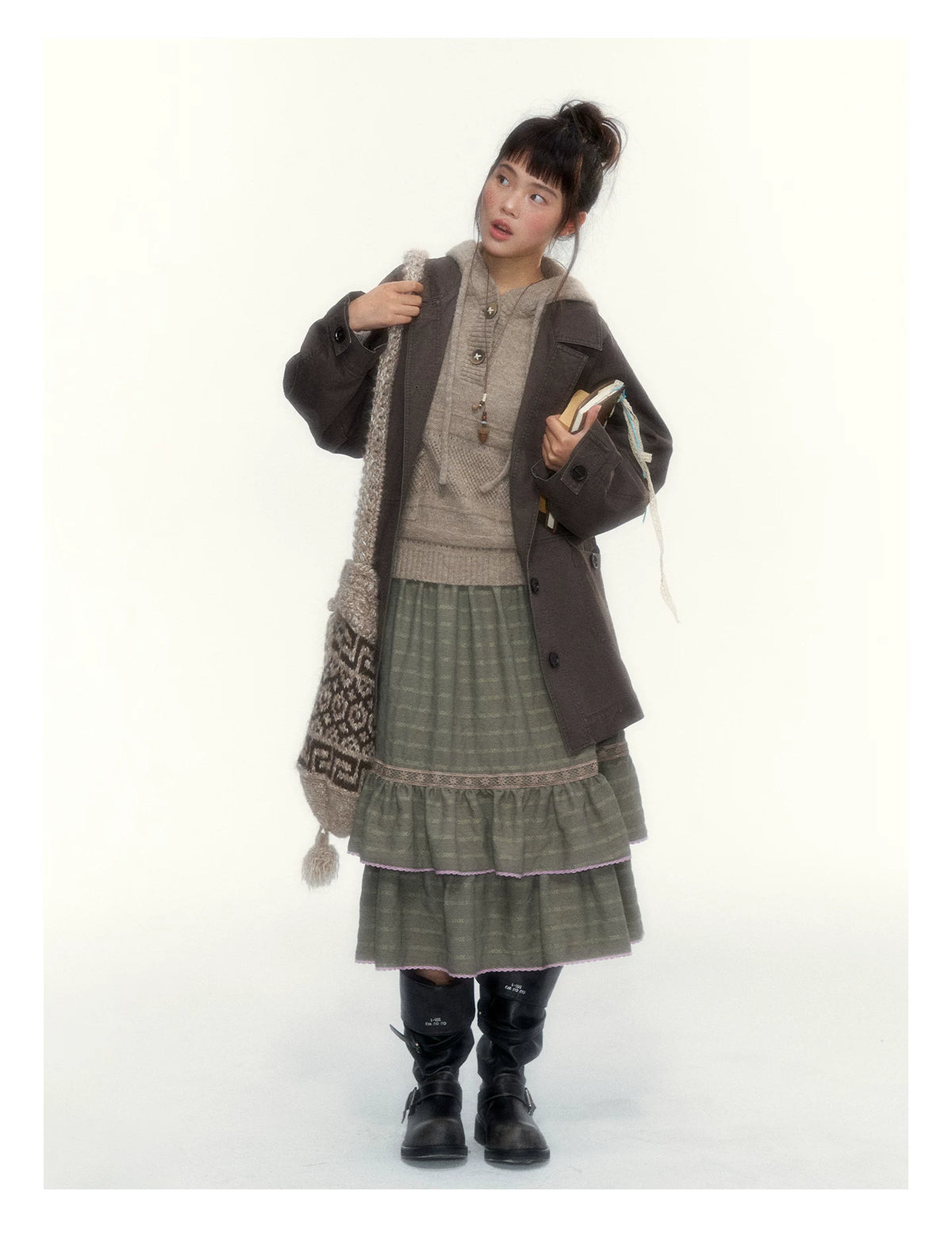 Dried Grass Green Vintage Lace Tiered A-Line Skirt