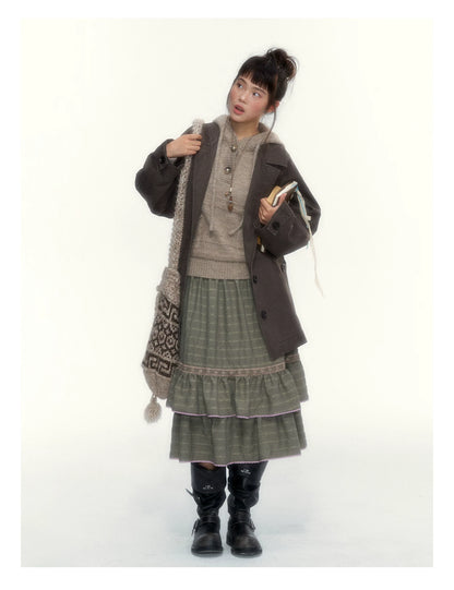 Dried Grass Green Vintage Lace Tiered A-Line Skirt