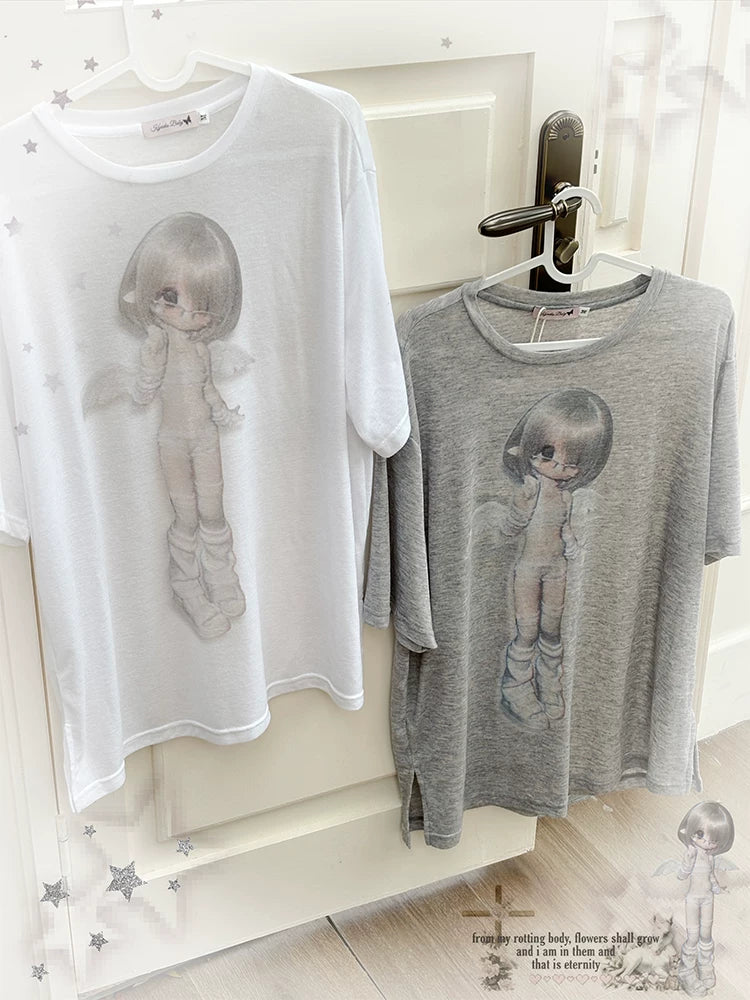 Gray & White Angel Original Licensed Two-Tone Vintage BJD Sheer Knit Cover-Up T-Shirt