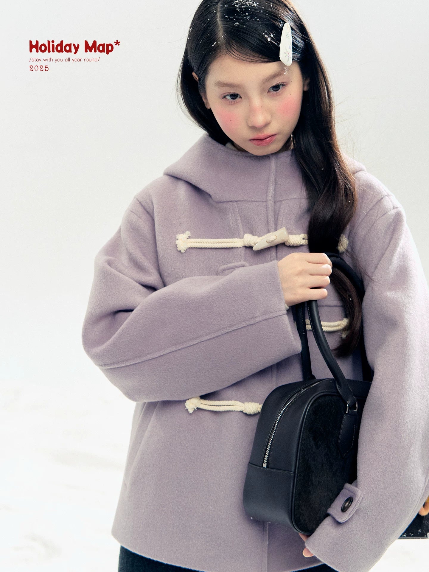 "Velvet Snowfall" Purple Mist Hooded Quilted Wool-Touch Duffle Coat