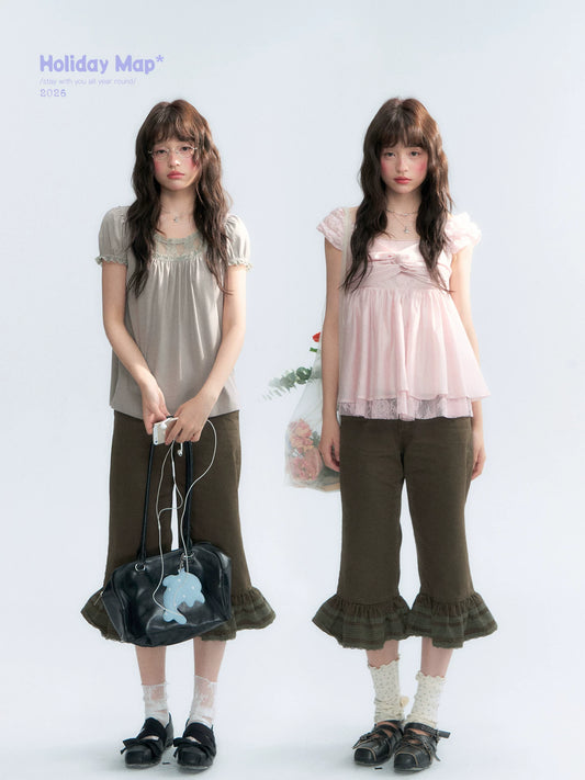 "Forest Cocoa" Dark Coffee Green Flare Capri Pants