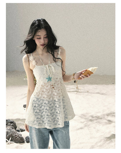 "Morning Mist" Frost White Lace Sheer Cami Top 65123