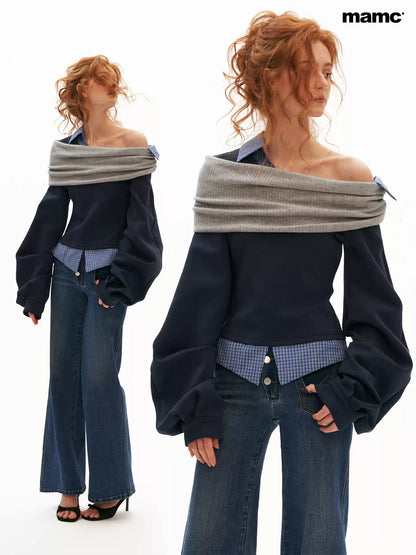 MAMC - Deconstructed Gingham Sweatshirt with Off-Shoulder Ruched Detail