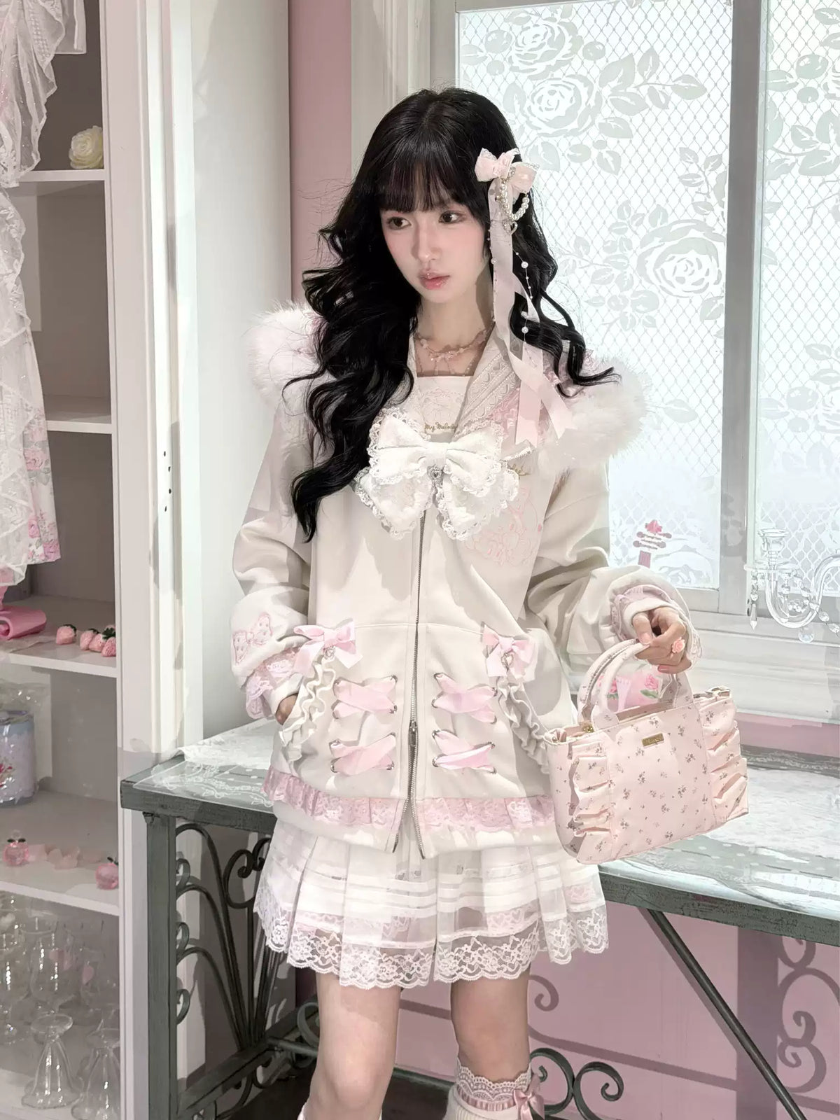 KYOUKO - White & Pink My Melody Fuzzy Collar Ribbon Hoodie
