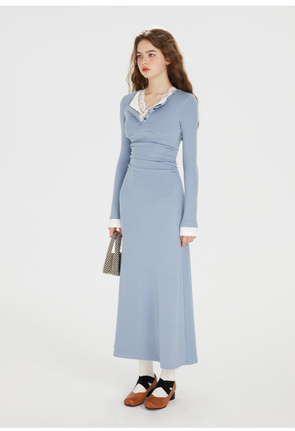 Frog Blue Stitching Lace Dress