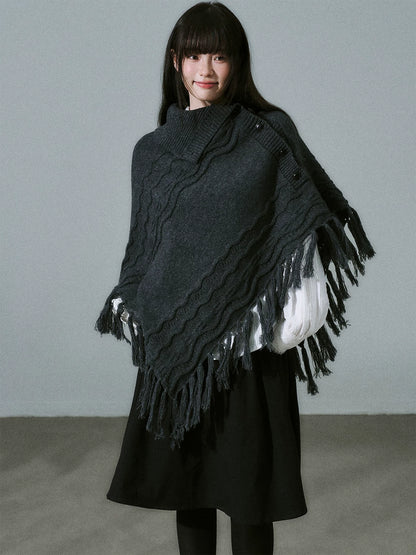 LOST FOREST - Wool-Blend Bow Graphic Fringe Cape Shawl (Coffee / Dark Gray)