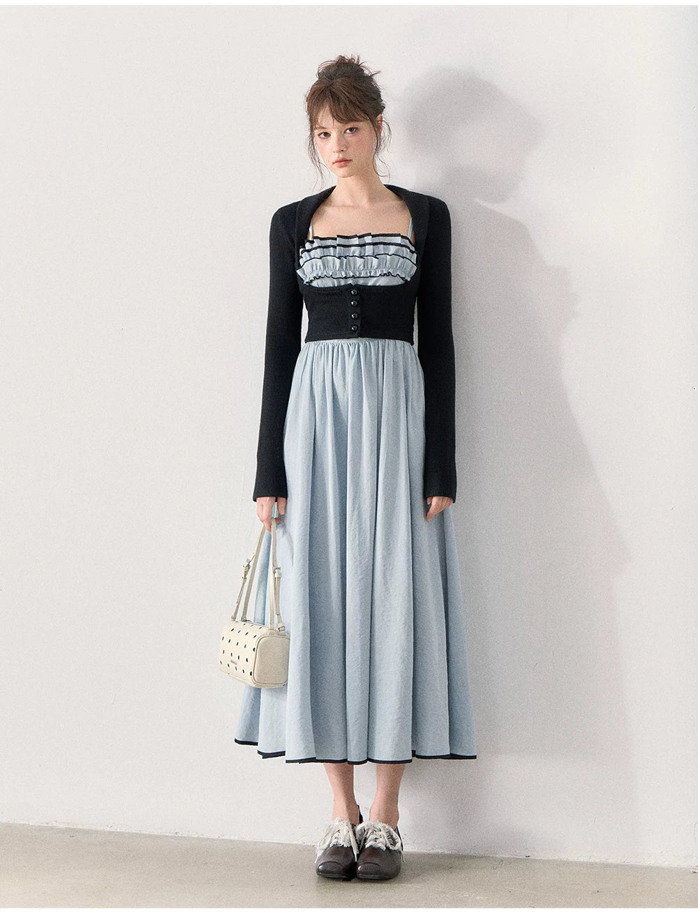 [TMMG] French Vintage Ruffle Dress & Cropped Knit Cardigan Set