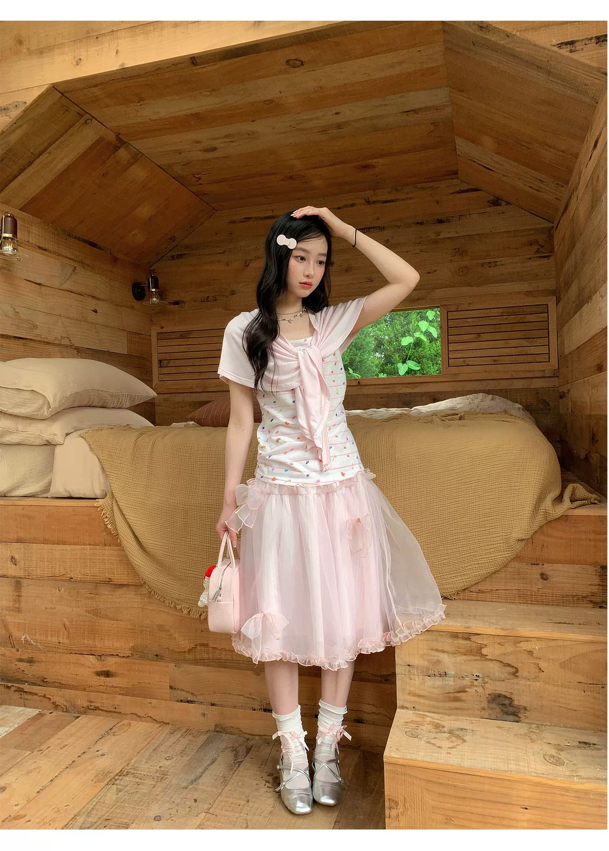 [RF] “Peach Blossom Layers” Peach Pink Striped Floral Print Short-Sleeve T-Shirt