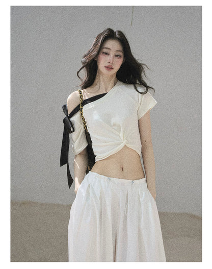 "Moonlight Upon Her" Creamy Apricot Off-Shoulder Twist Cropped T-Shirt