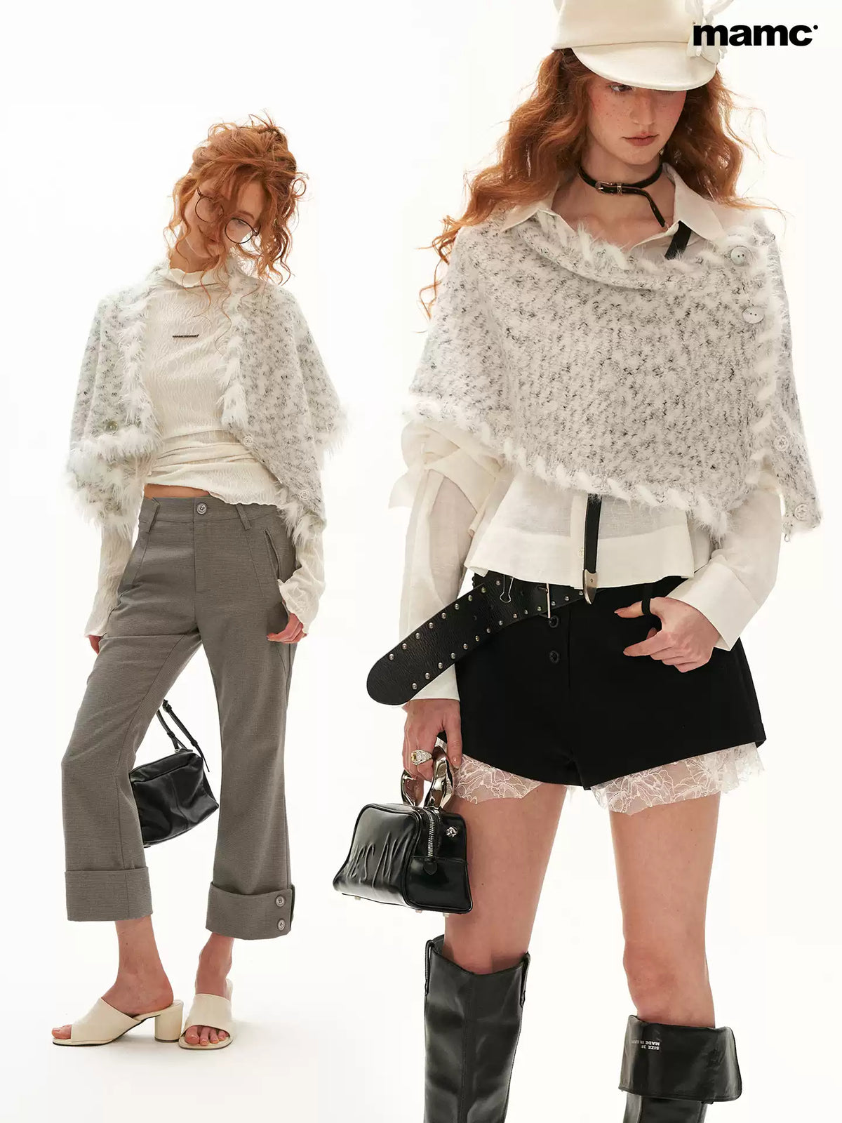 MAMC - Textured Two-Way Knit Scarf & Shawl with Long-Hair Fringe (Black / White)