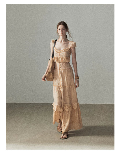 "Where May Meets the Sea" Cinnamon Pink Ruffle Tiered Maxi Dress