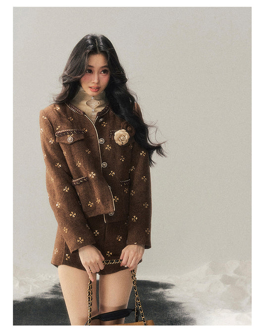 少也眼 "Deep Winter Wutong" Quilted Wool Tweed Two-Piece Set
