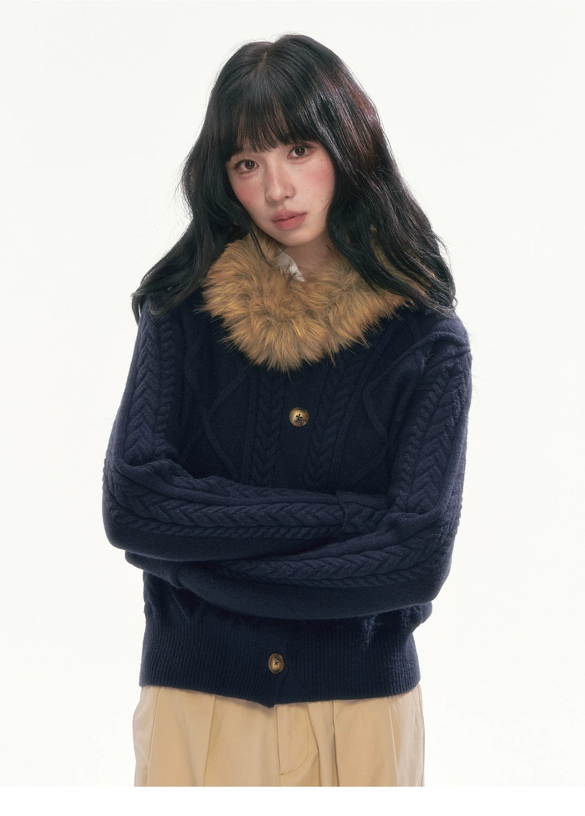 [CAN] Cable Knit Hooded Cardigan (Navy / Dusty Pink)