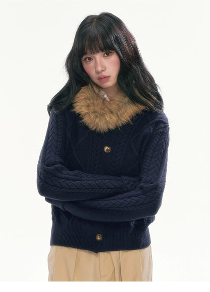 [CAN] Cable Knit Hooded Cardigan (Navy / Dusty Pink)