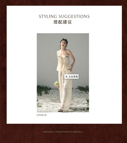 “Breeze Over Pleats” Cream Ribbon Camisole Top