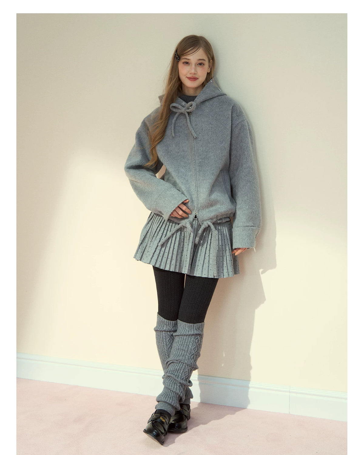 SunsetPark - "Warm Winter Days" Faux Fur Collar Wool-Blend Top Coat (Gray / Pink)