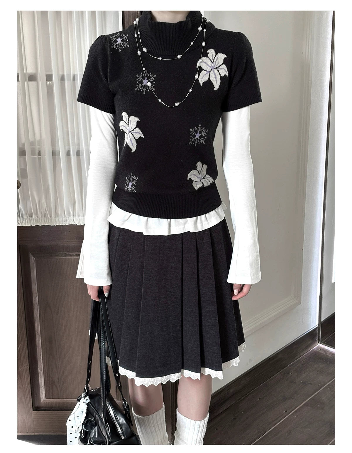 "Showa Lily" Black Knit Sweater Vest Set