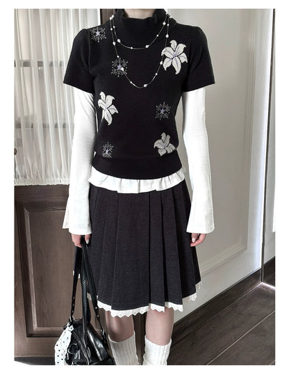 "Showa Lily" Black Knit Sweater Vest Set