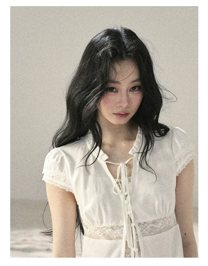 "Lace Between the Lines" Frost White Faux-Layer Cropped Shirt