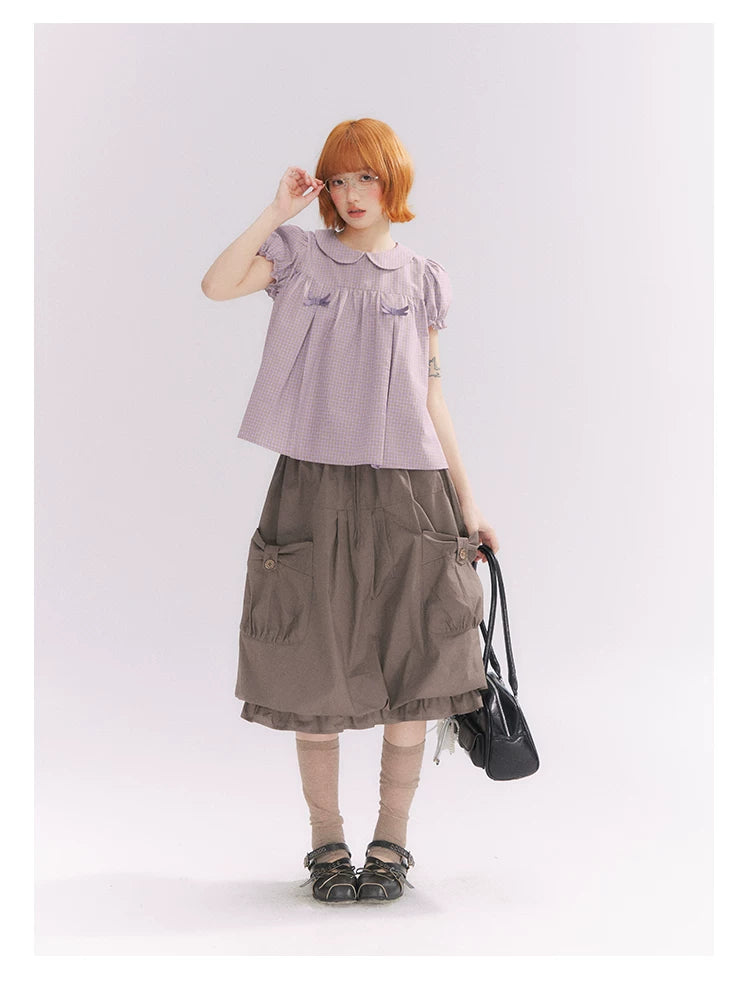 “Sweet & Cool Girl” Taupe Bow Drawstring High-Waist A-Line Cargo Skirt