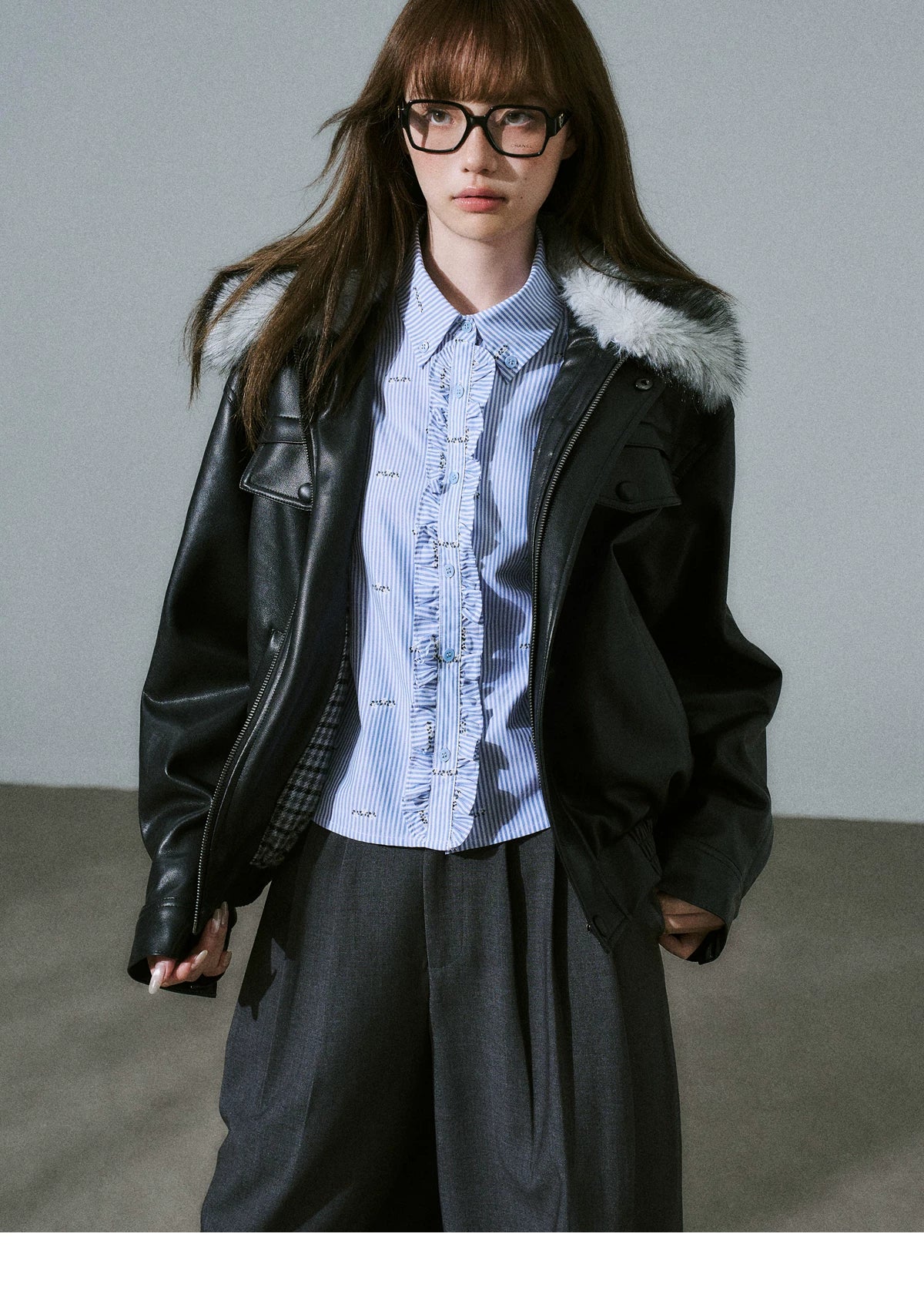 LOST FOREST - Black Faux Leather Moto Jacket with Plaid Wool Collar