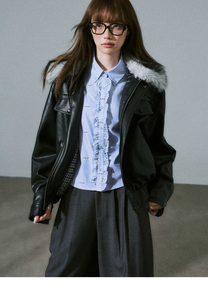 LOST FOREST - Black Faux Leather Moto Jacket with Plaid Wool Collar