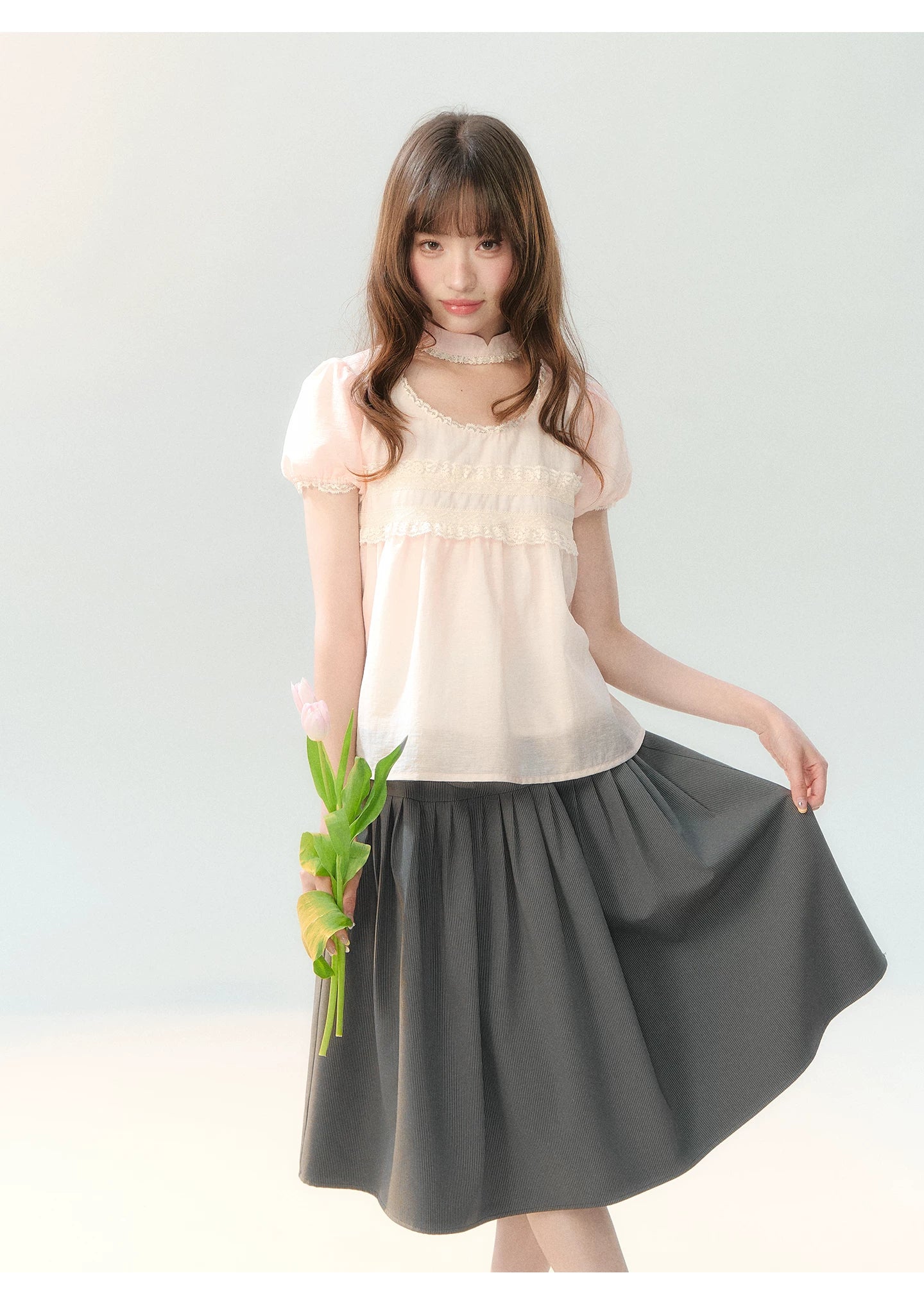 "Cloud Gray Sweet Pleats" Gray Stripe Bow Pleated Skirt LL2026219