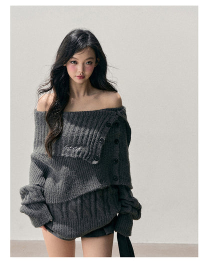 少也眼 “Falling Awake” Off-Shoulder Korean Knit Two-Piece Top with Shawl 9465