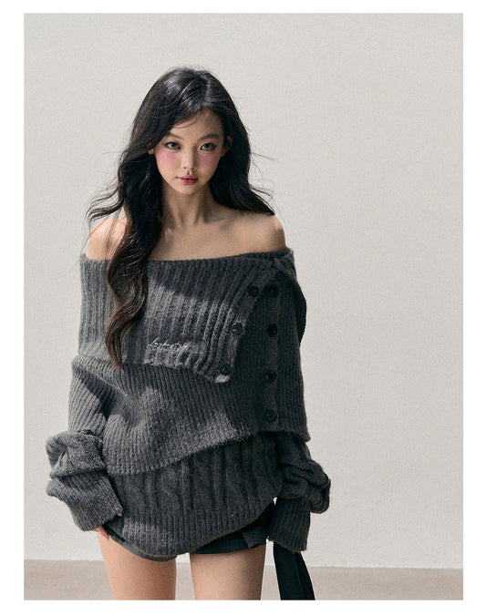 少也眼 “Falling Awake” Off-Shoulder Korean Knit Two-Piece Top with Shawl 9465