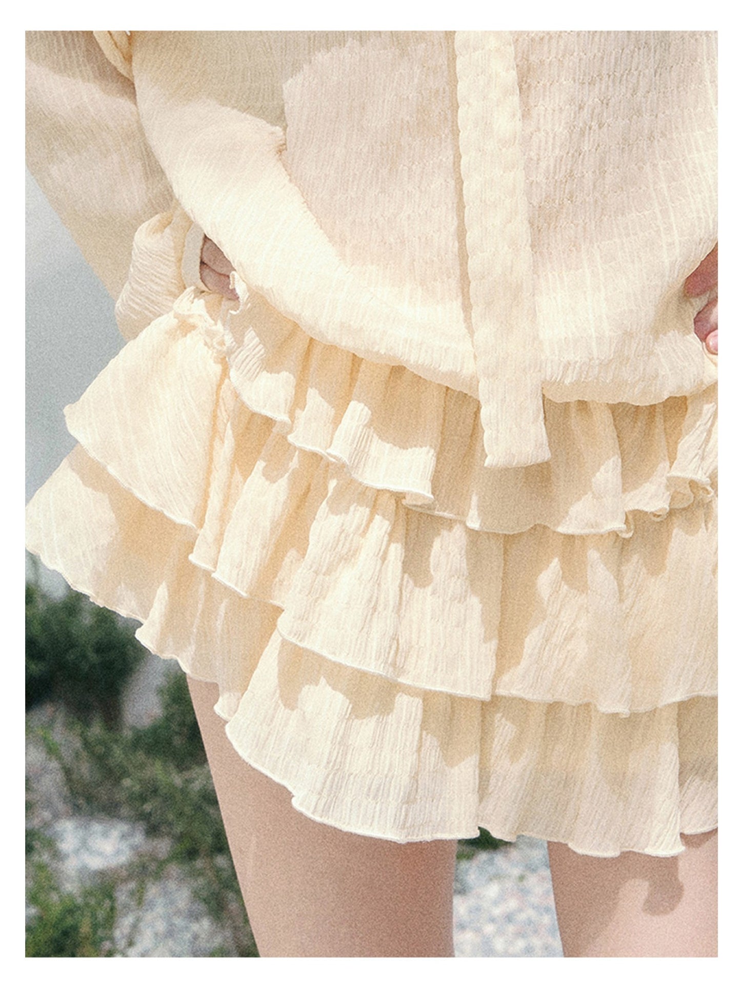 少也眼 “Evening Breeze Skirt” Milkshake Yellow Tiered Chiffon Mini Dress with Scarf Tie & Shorts 534583