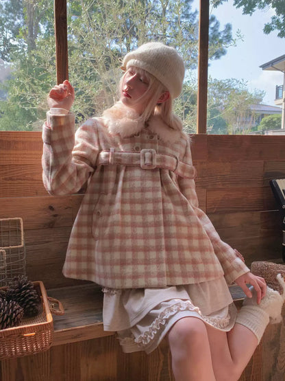 RF - Dusty Pink Plaid Wool-Look Coat with Detachable Fur Collar