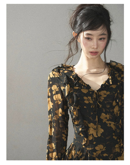 AOMALM - Black & Golden Brown Floral Ruffle Maxi Dress with High Side Slit