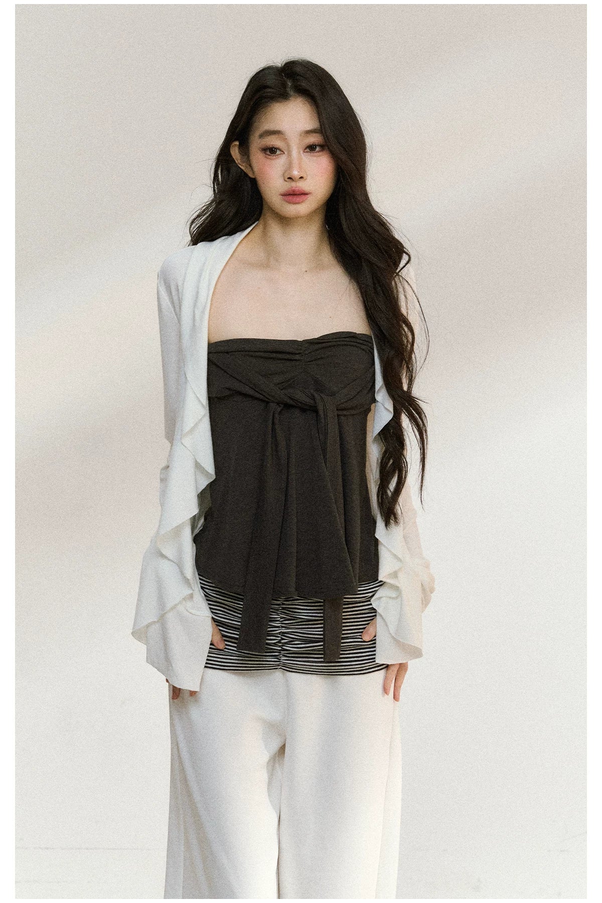 JN's DESIGN - White Ruffle Overshirt & Gray Cami Set