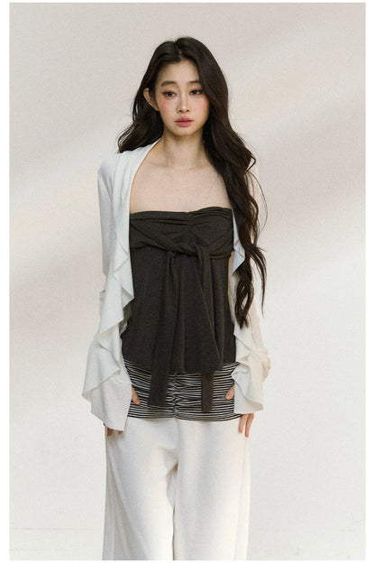 JN's DESIGN - White Ruffle Overshirt & Gray Cami Set