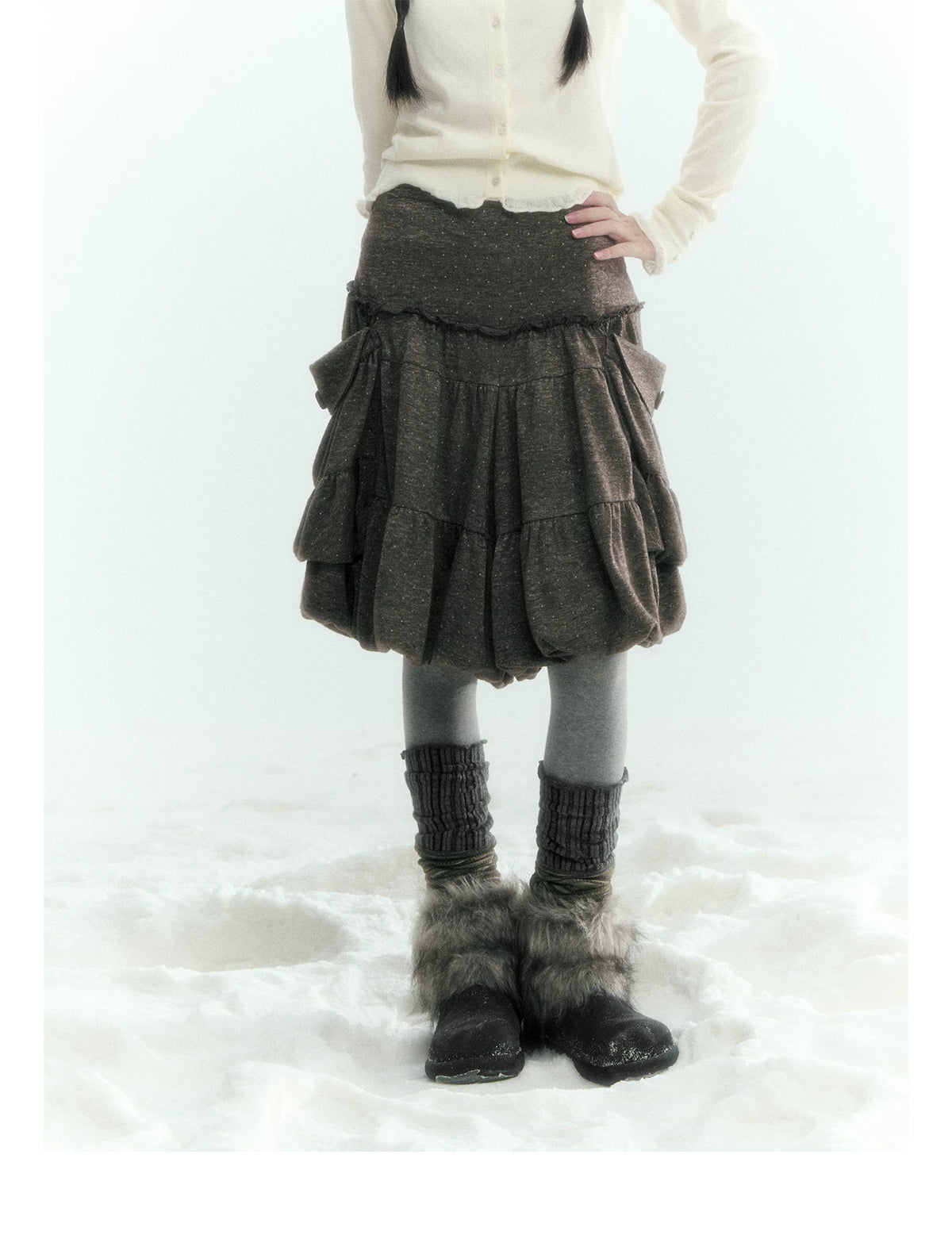 Horridale - Gray Brown Green Polka Dot Low-Rise Knit Bubble Skort