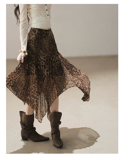 AOMALM - “Cocoa Leopard” Pleated Asymmetric Midi Skirt